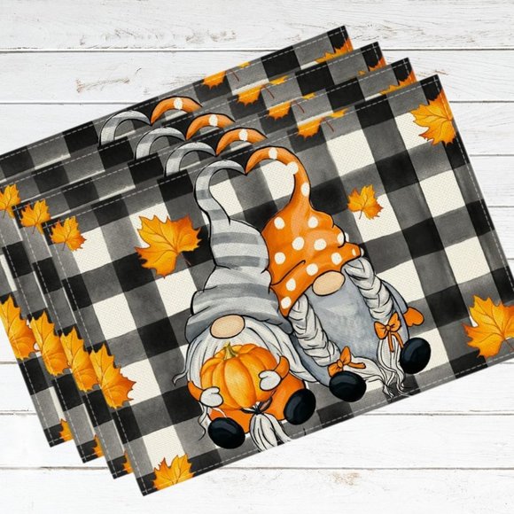 Gnome Table Placemats Set 4 Fall Home Decor Plaid Thanksgiving Decorations Gift - Picture 1 of 3